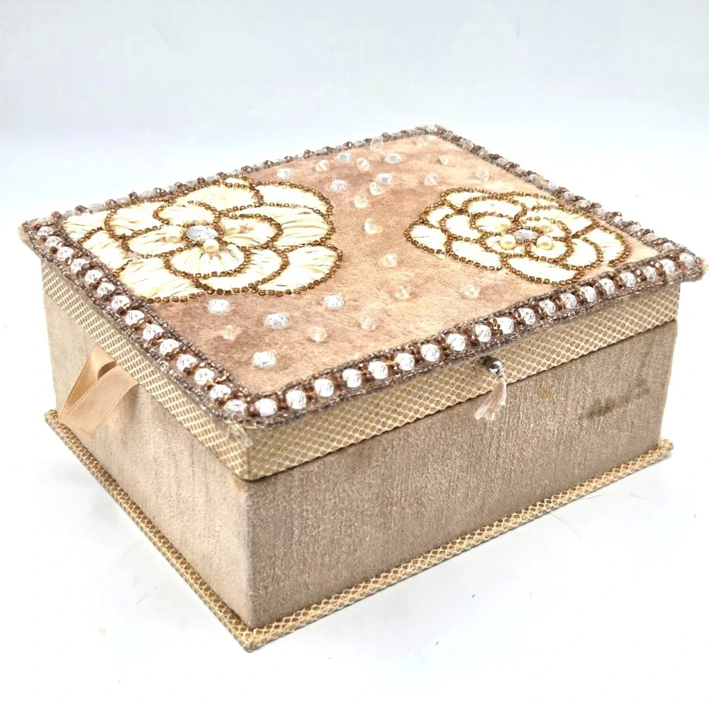 Velvet Floral Embroidered Jewelry Box with Rhinestones Beads Sequins Design
